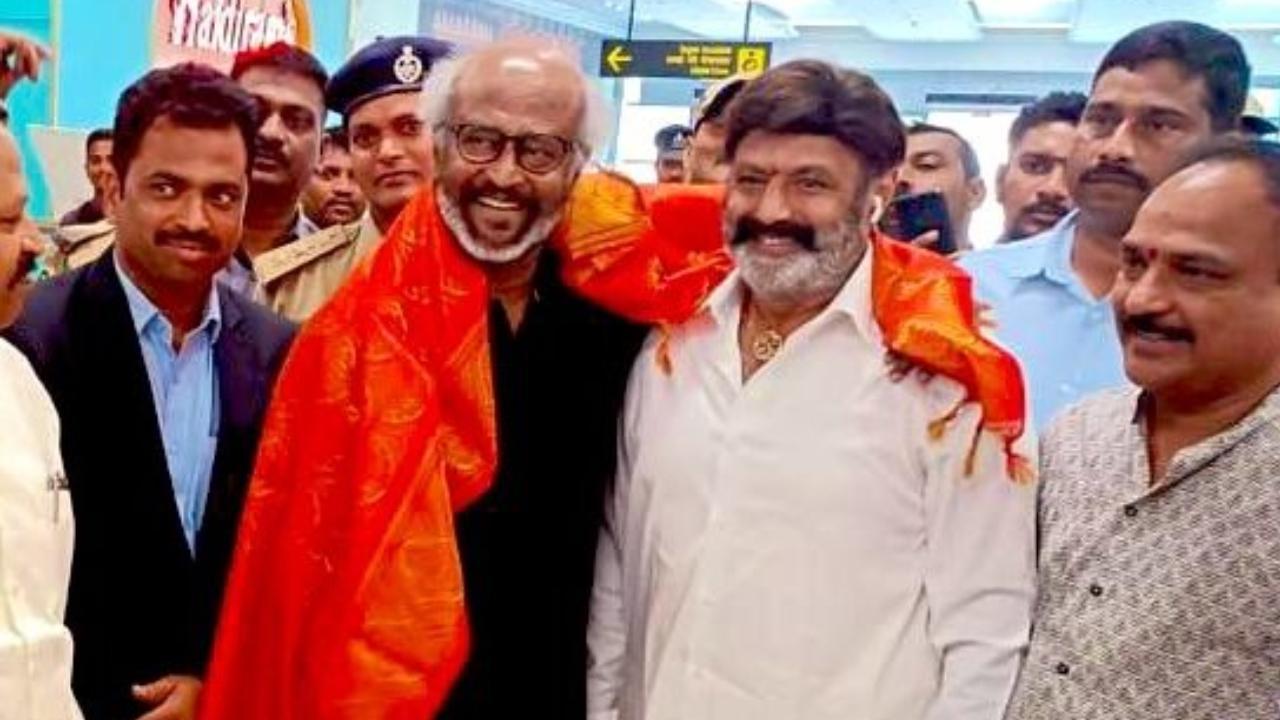 Rajinikanth welcomed by Balayya as he arrives in Vijayawada to attend NTR's centenary celebrations