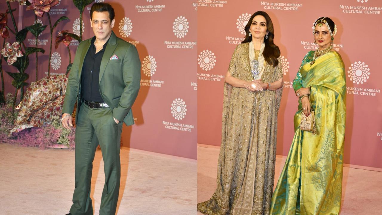 A surprising sight awaited onlookers as they witnessed Nita Ambani and veteran actress Rekha together in a single frame. The two were seen twinning in green and flashing radiant smiles for the paparazzi on the second day of the Nita Mukesh Ambani Cultural Centre gala, exuding an aura of grace and elegance. Salman Khan caused a stir as he made an appearance, looking dashing in a black shirt paired with an olive green blazer and matching pants, leaving everyone in awe.
 