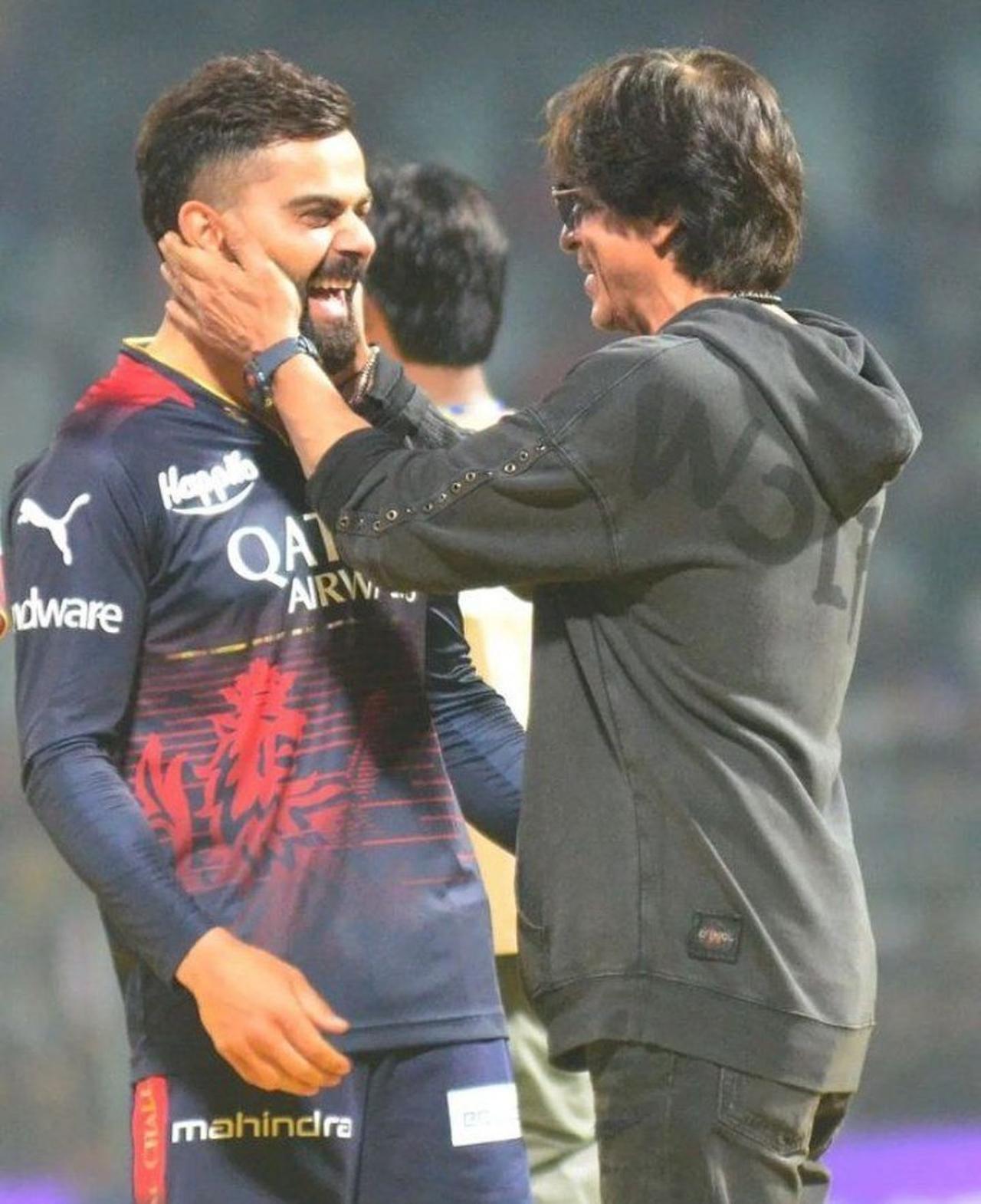 After the match, Shah Rukh Khan was seen running towards Virat Kohli to give him a tight hug (Pic/Twitter)