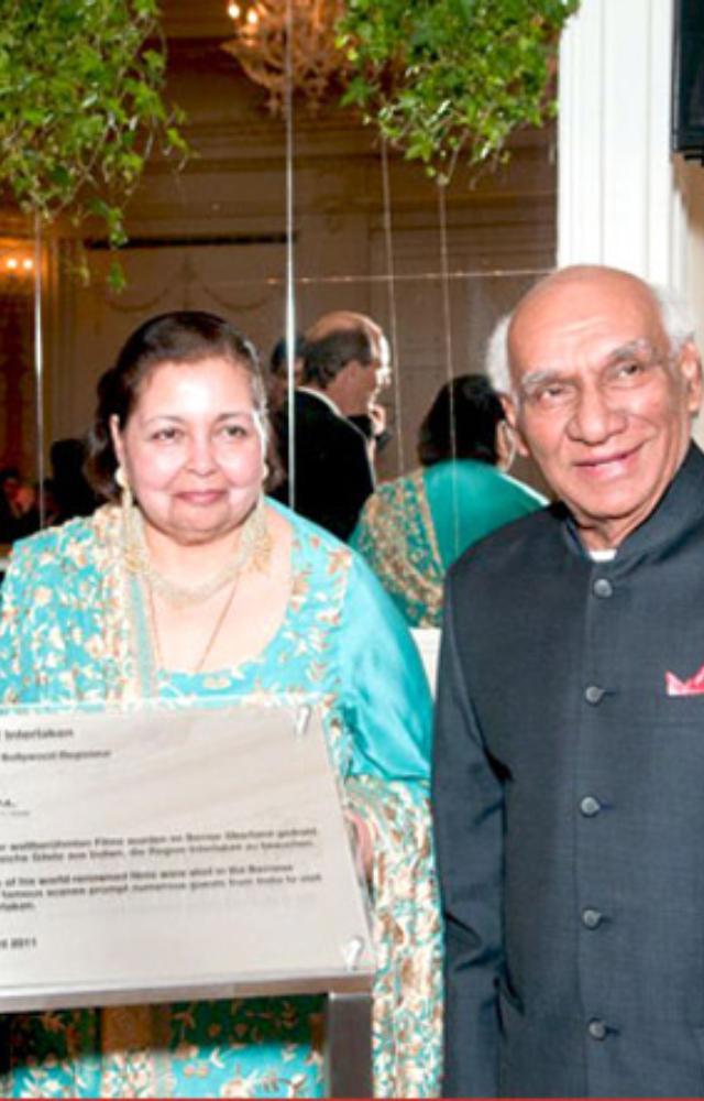 Snap from the year 2011, when Yash Chopra received the title `Ambassador of Interlaken (2011)`, with Pamela Chopra