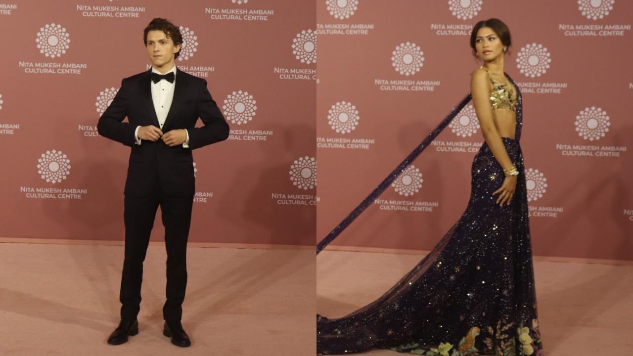 Tom Holland chose to wear a stylish black suit complemented by a white shirt and a black bow tie. Meanwhile, Zendaya stunned onlookers with her stunning appearance, donning a blue shimmery saree paired with a silver blouse, exuding an aura of elegance and beauty.
 