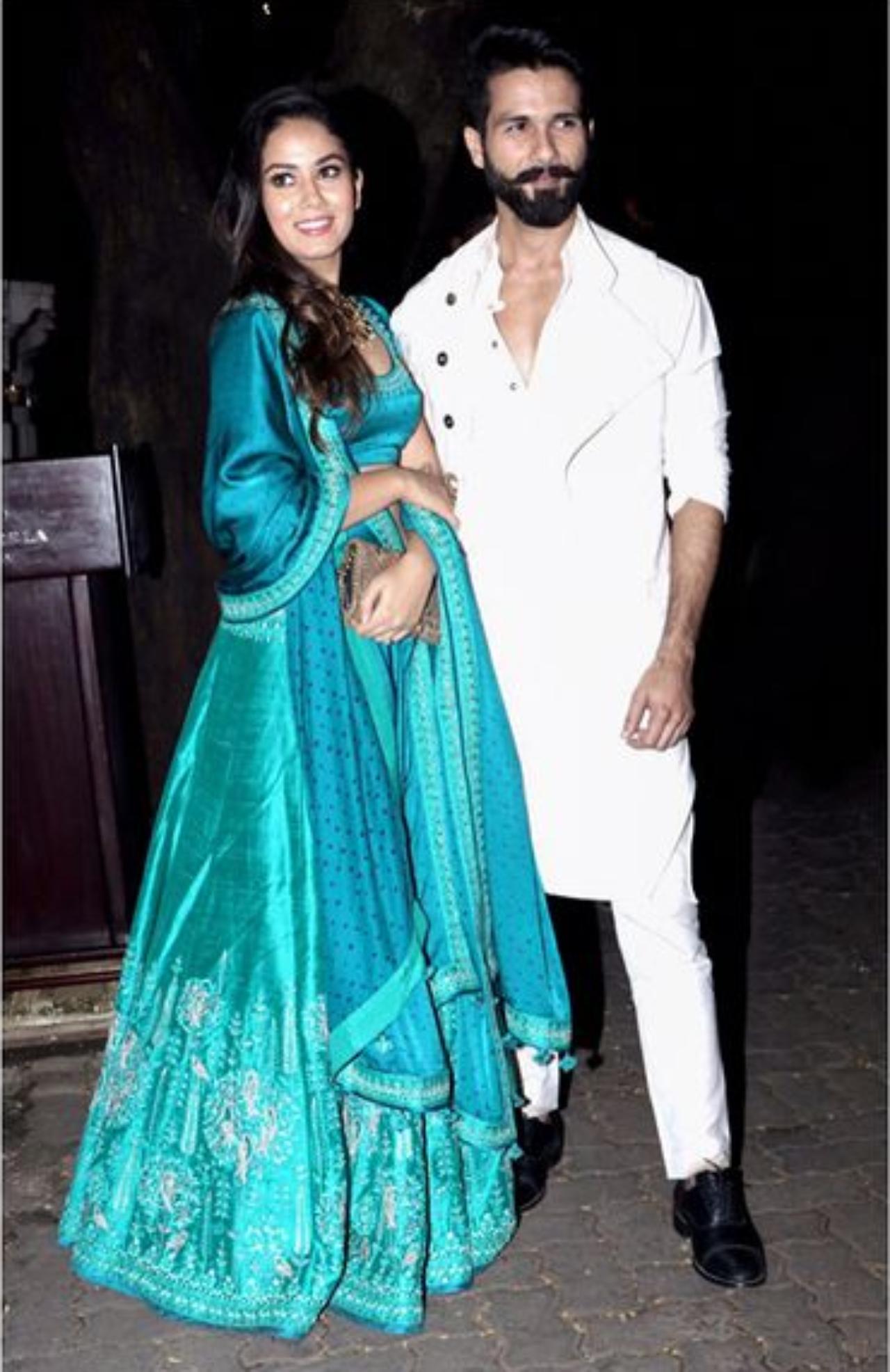 Mira Rajput Kapoor
Mira Rajput Kapoor has often graced us with her bandhini ensembles. Among her standout wedding attire is an Anita Dongre lehenga, featuring a blue cap-sleeved blouse and a voluminous aqua green skirt adorned with navy blue bandhani patterns. It also featured beautiful floral and bird motifs