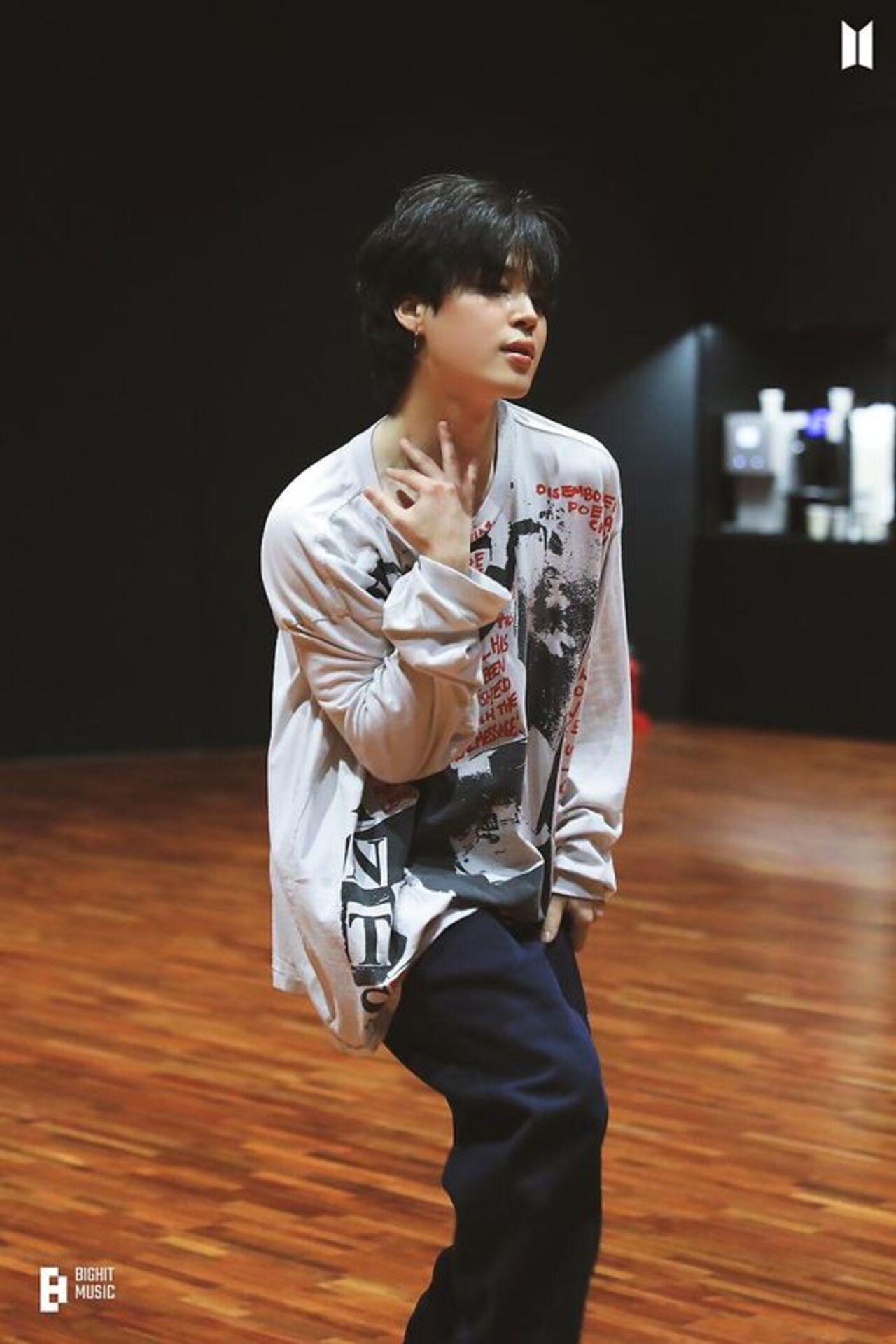 Knowing BTS's insane choreographies, comfort is foremost when it comes to the practice room. Here, Jimin wears a comfortable oversized t-shirt to allow him free range of motion when practising his impeccable dance movements