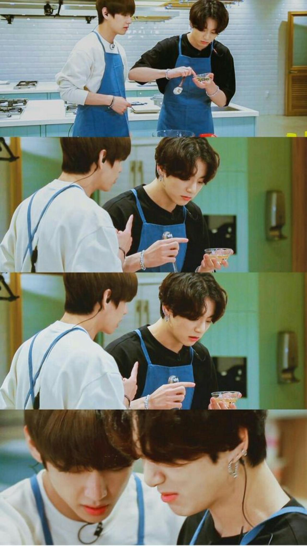 Another episode of BTS's hilarious variety show featured an avatar-style game. Once again, teams were split between Jin and Suga, who would sit in a separate room and give instructions to the members cooking through a walkie talkie. But the catch was that the instructions could not be relayed directly.
Jin or Suga could only talk to one of the members of the cooking pair, who would then further relay the instruction to the other. As expected, this resulted in a lot of chaos - Jungkook and Taehyung could not figure out how to tie their aprons. They also did all sorts of antics - from V accidentally washing green onion with boiling hot water to Jungkook tasting soy sauce to make sure it wasn't something else!