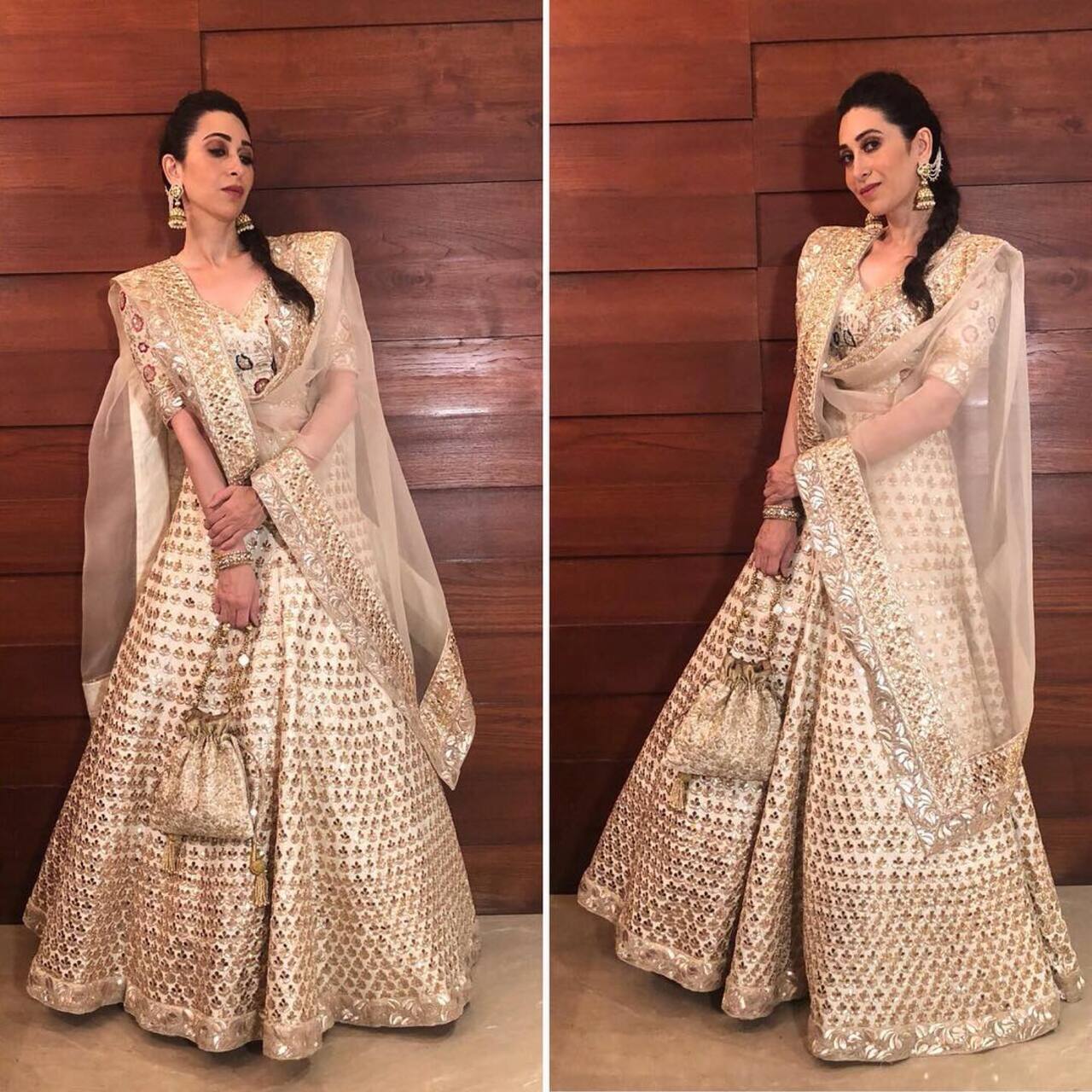 Karisma Kapoor
Karisma Kapoor has aged like fine wine, and is a fashion icon in her own right! She exuded some truly divine goddess energy in this heavily embellish Manish Malhotra golden lehenga with a stylish fishtail braid and potli-style bag
