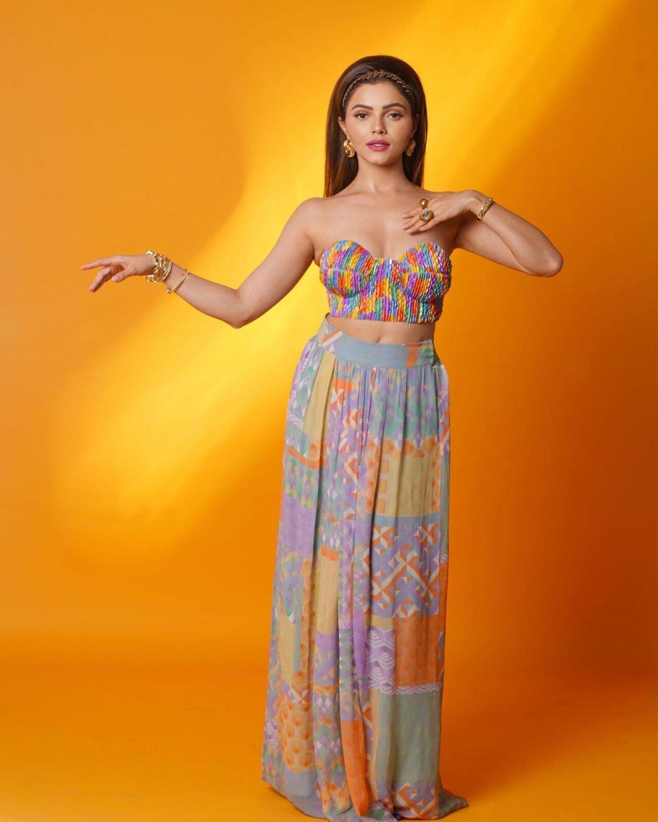 In this picture, Rubina wore a printed crop top and a long skirt
