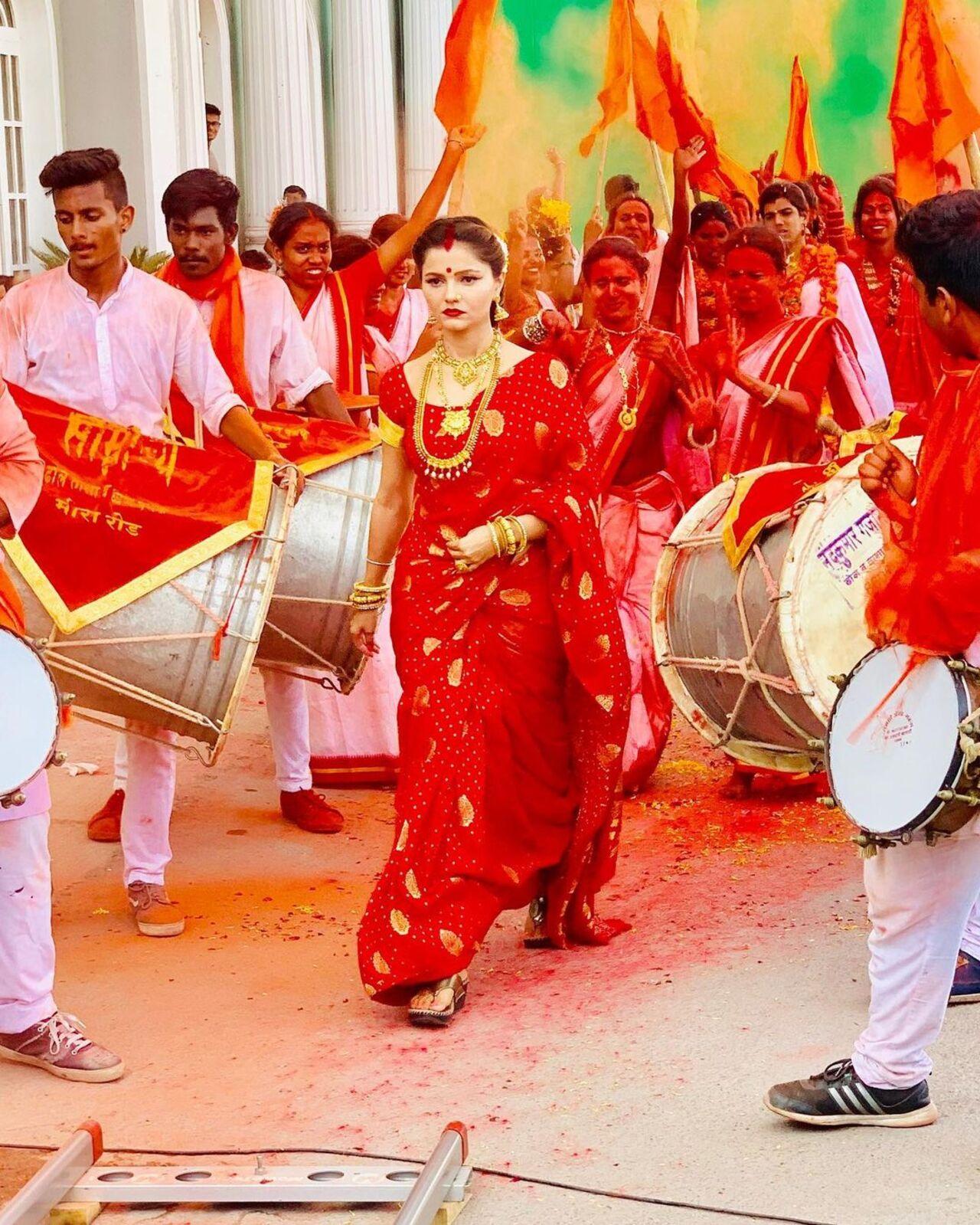 This is a throwback picture of Rubina from the sets of her serial 'Shakti'. The actress who played a trans in the serial looked gorgeous in this red saree and bold make-up