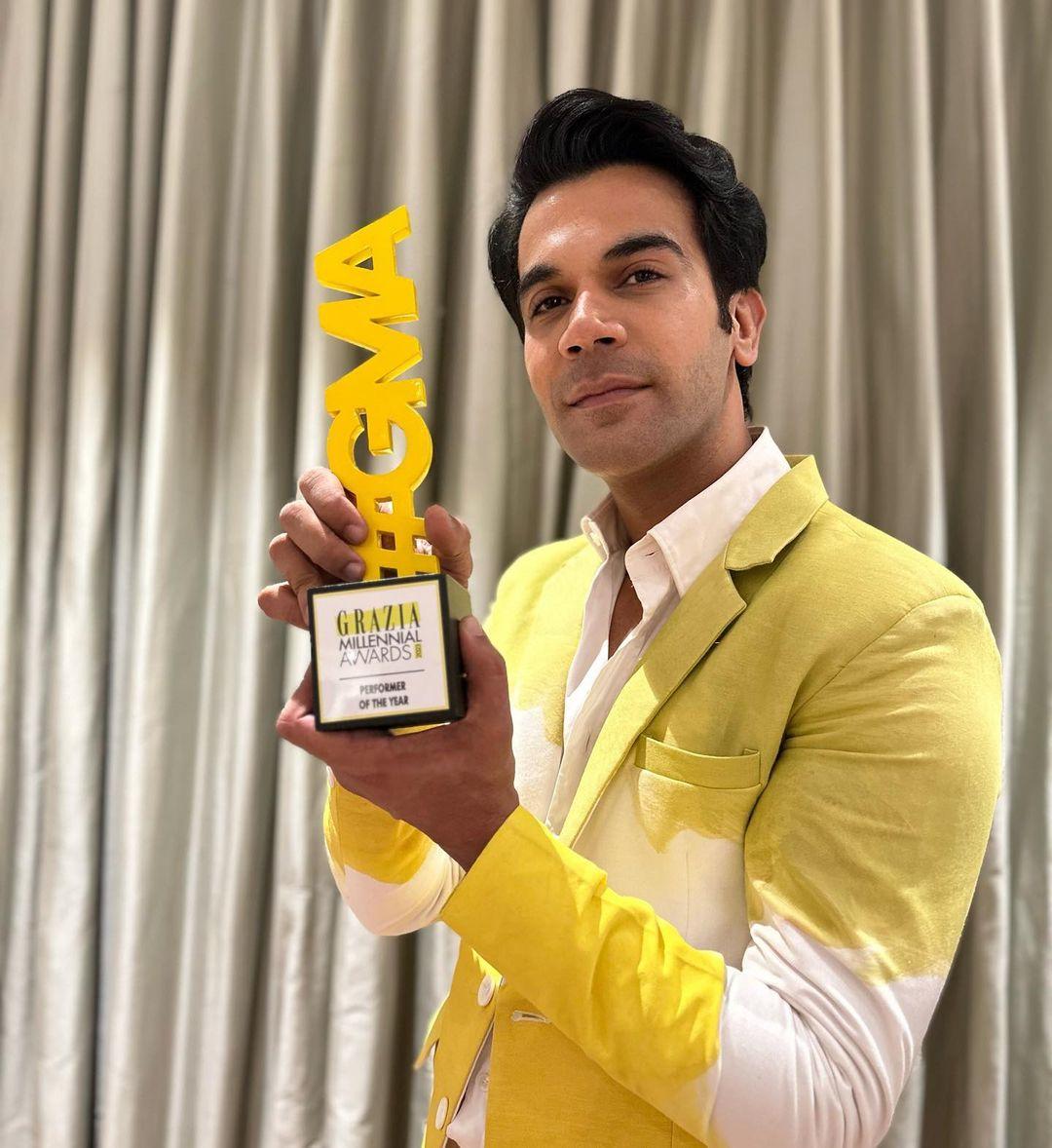 Rajkummar Rao exudes a casual charm in a yellow-to-white ombre blazer. The gradient effect adds a playful dimension to his outfit, reflecting his easygoing yet stylish demeanor. It's a perfect example of how he effortlessly blends comfort with a touch of flair, embodying a relaxed and fashionable presence.