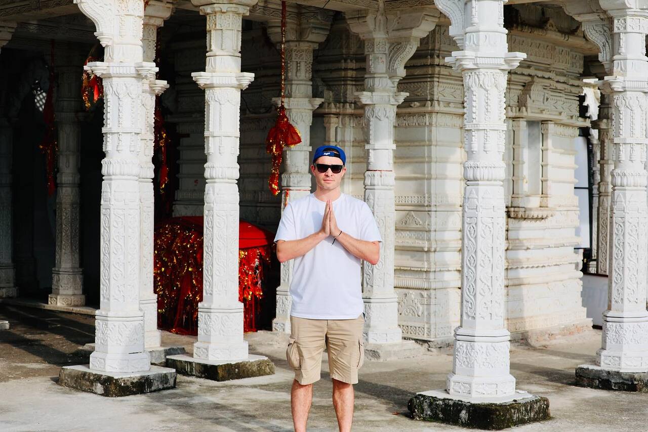 Ed Westwick blends into the Rajasthani culture as he posed in front of a temple