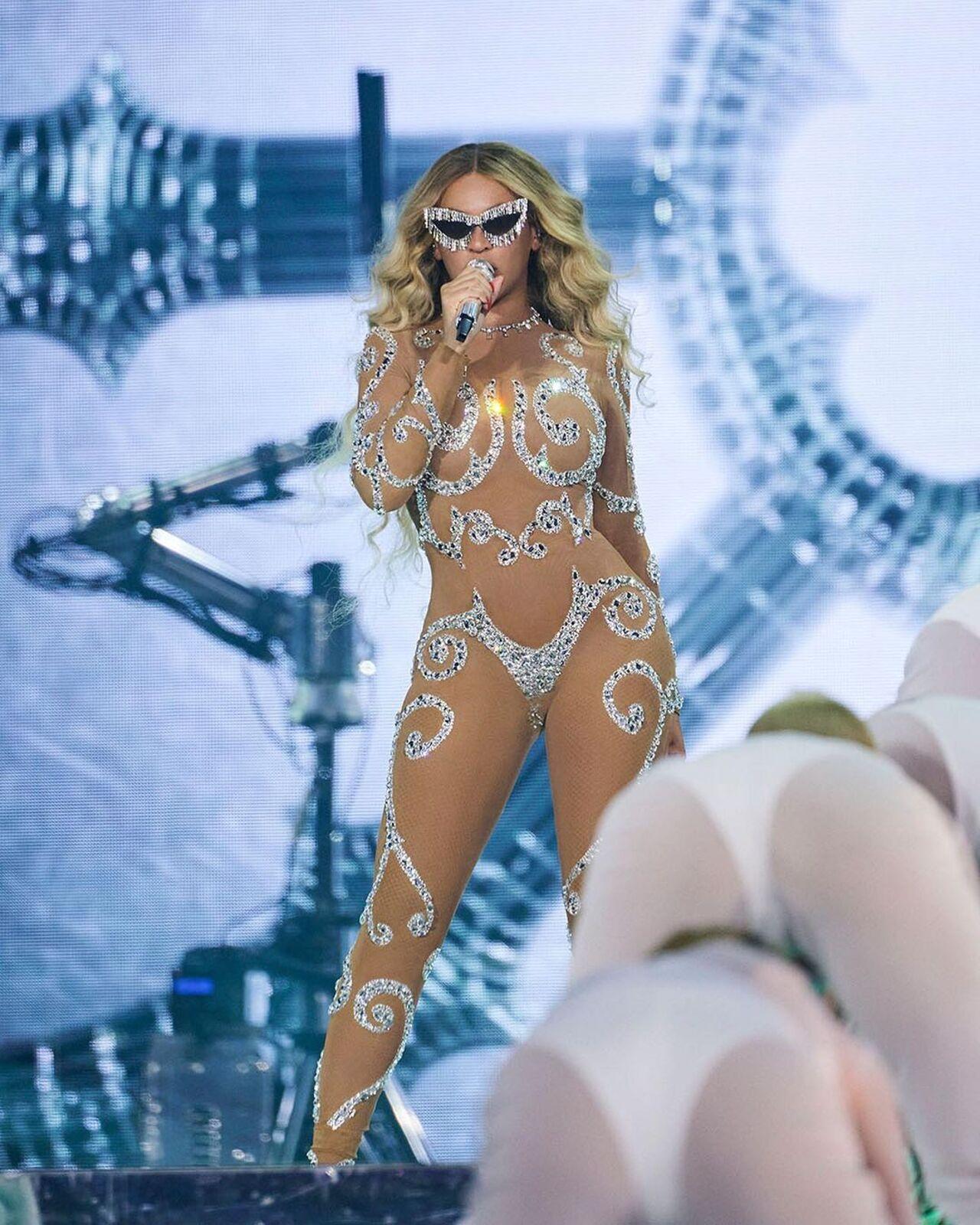 Beyonce is known for her bold fashion choices and flaunted a risque look with this skin-coloured full-body mesh outfit that matched her complexion