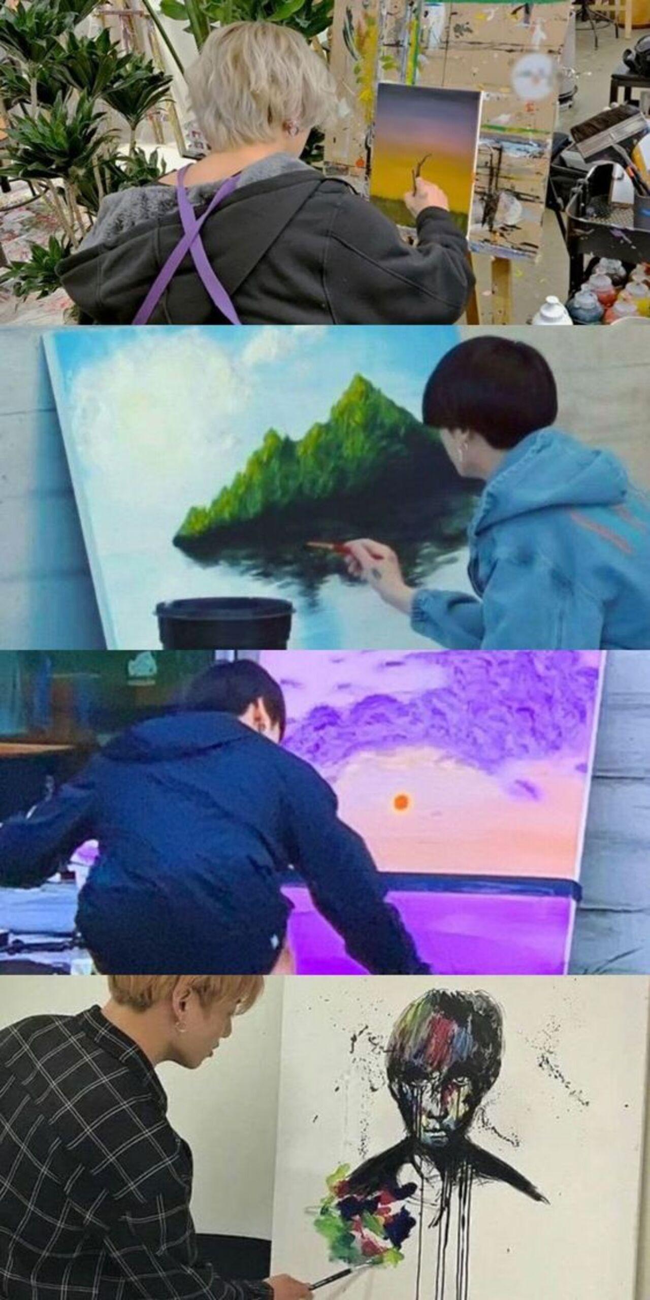 He painted these landscapes on 'In the Soop' in a matter of minutes - without any real training or practice! Namjoon, who was patiently working away at a tediou dot-style painting exclaimed, 'I really want to know what is in Jungkook's genes.