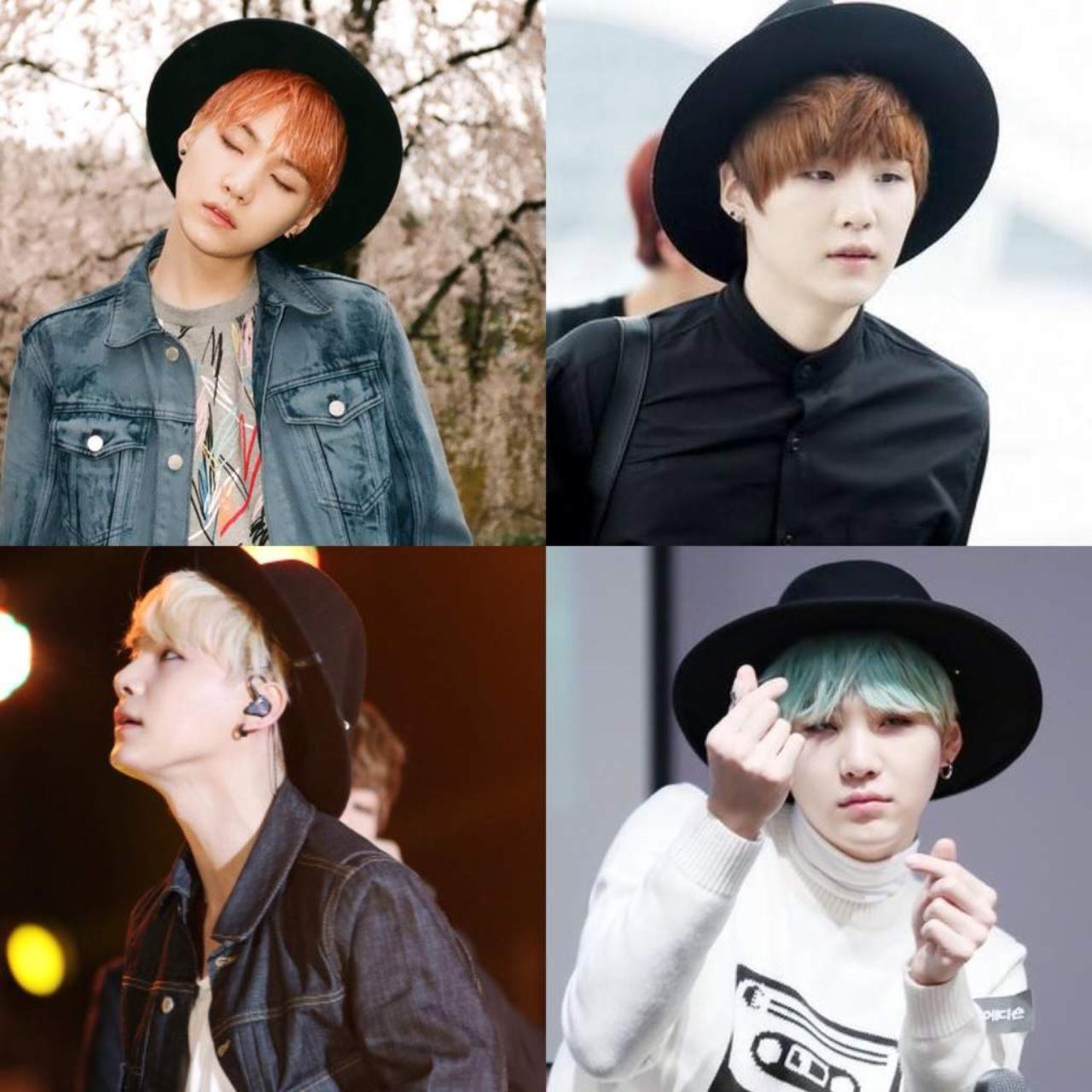 Bucket hat comeback! The 'Most Beautiful Moment in Life' era saw Suga channeling his inner softboi, and he often wore pastel colours during shoots for this album. This also seems like the beginning of his bucket hat obsession!