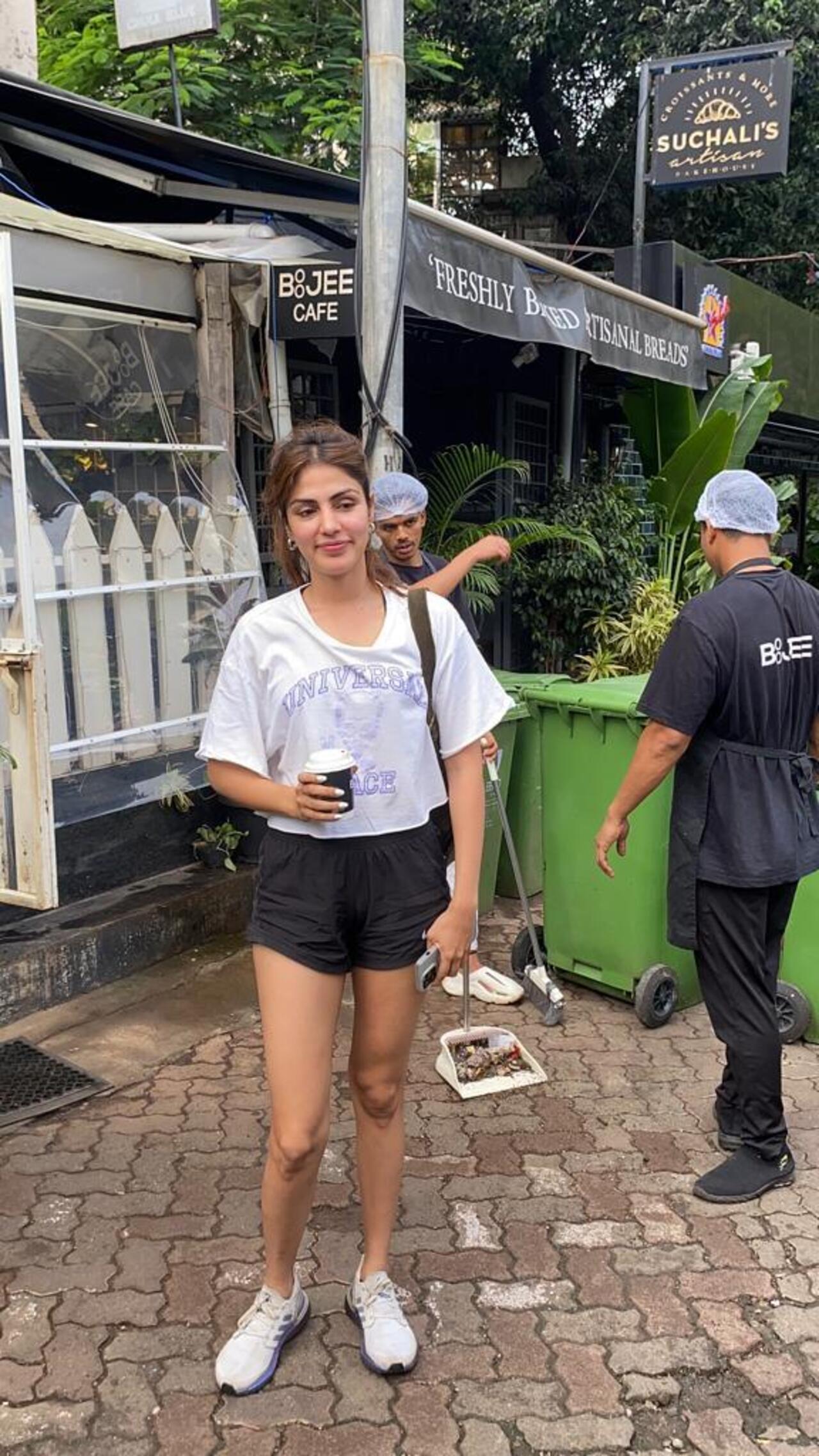 Rhea Chakraborty was snapped wearing a cool white T-shirt paired with black short