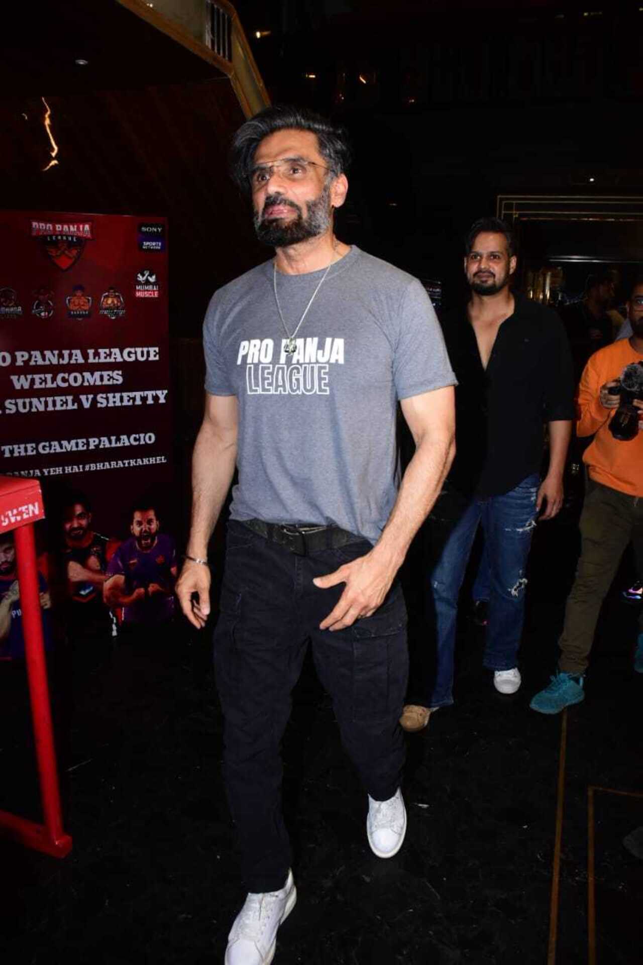 Suniel Shetty opted for a grey T-shirt with black jeans as he was snapped attending Pro Panja League's press meet