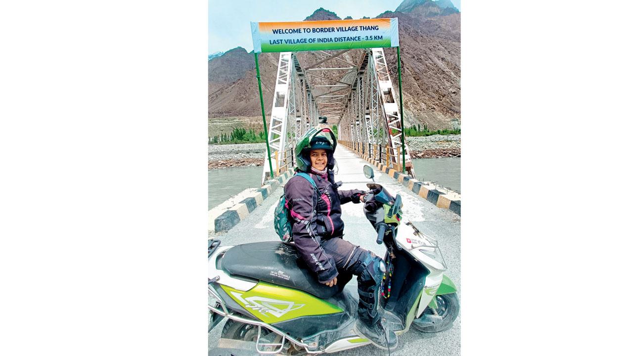 Beginning with a train ride from Mumbai to Amritsar with Cheetah, Thakur commenced the expedition on her two-wheeler in Amritsar and made her way to Batote and Srinagar in Jammu and Kashmir. Thakur poses at the border of Thang village in Ladakh (in picture).