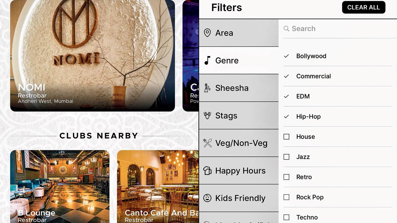 The app also recommends some of the hottest clubs and artistes for the night (right) Filter your options as per travel convenience, preferred genre of music and mood