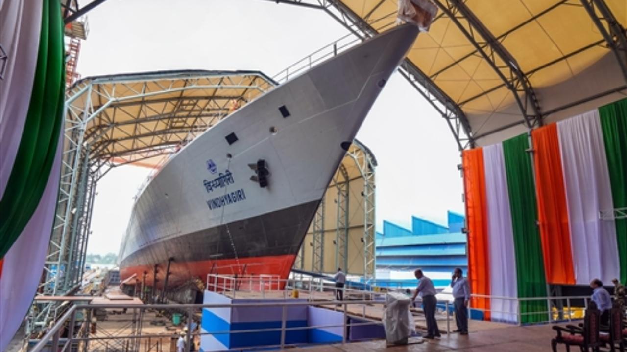 The ship, being painted in ash, black and red colour, has been designed in-house by the Indian Navy's warship design bureau, as are the other P17A stealth frigates