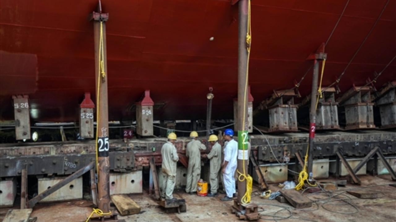 Final touches were being given to the ship before its launch by the President on August 17, as scores of workers busied themselves with various engineering and paint jobs at the GRSE's main unit on the banks of River Hooghly