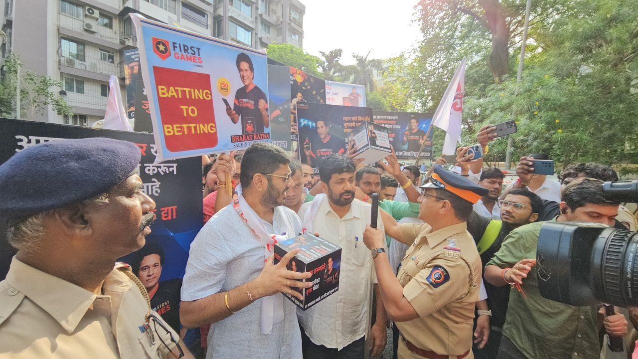 MLA Bacchu Kadu protests outside Sachin Tendulkar’s home over online gaming ad