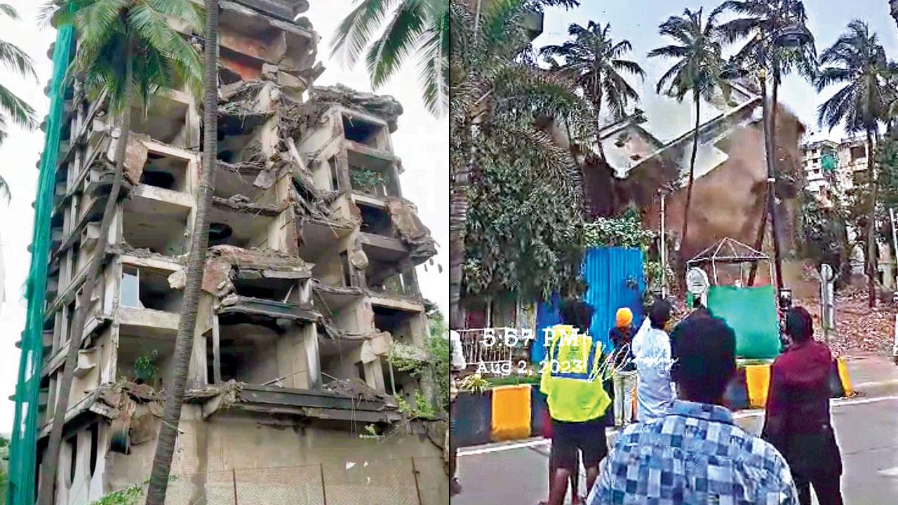 (From left) A part of the building collapses; during demolition