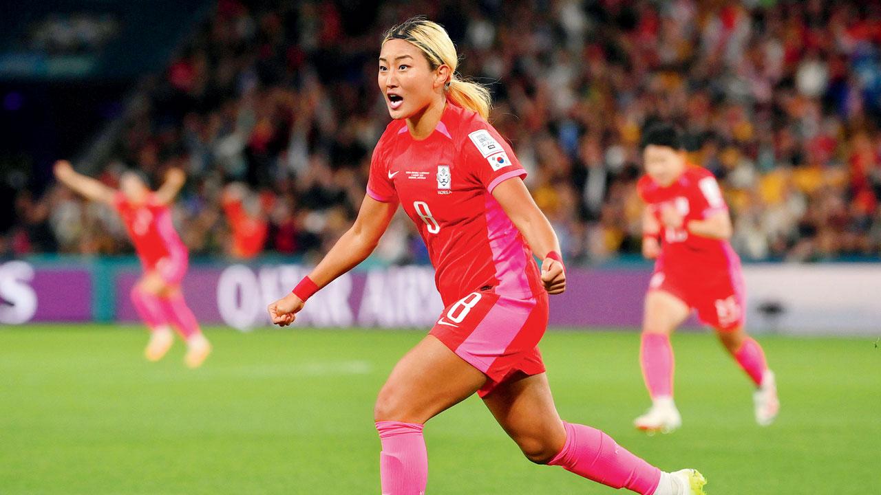 Korea Republic’s Cho Sohyun celebrates a goal against Germany
