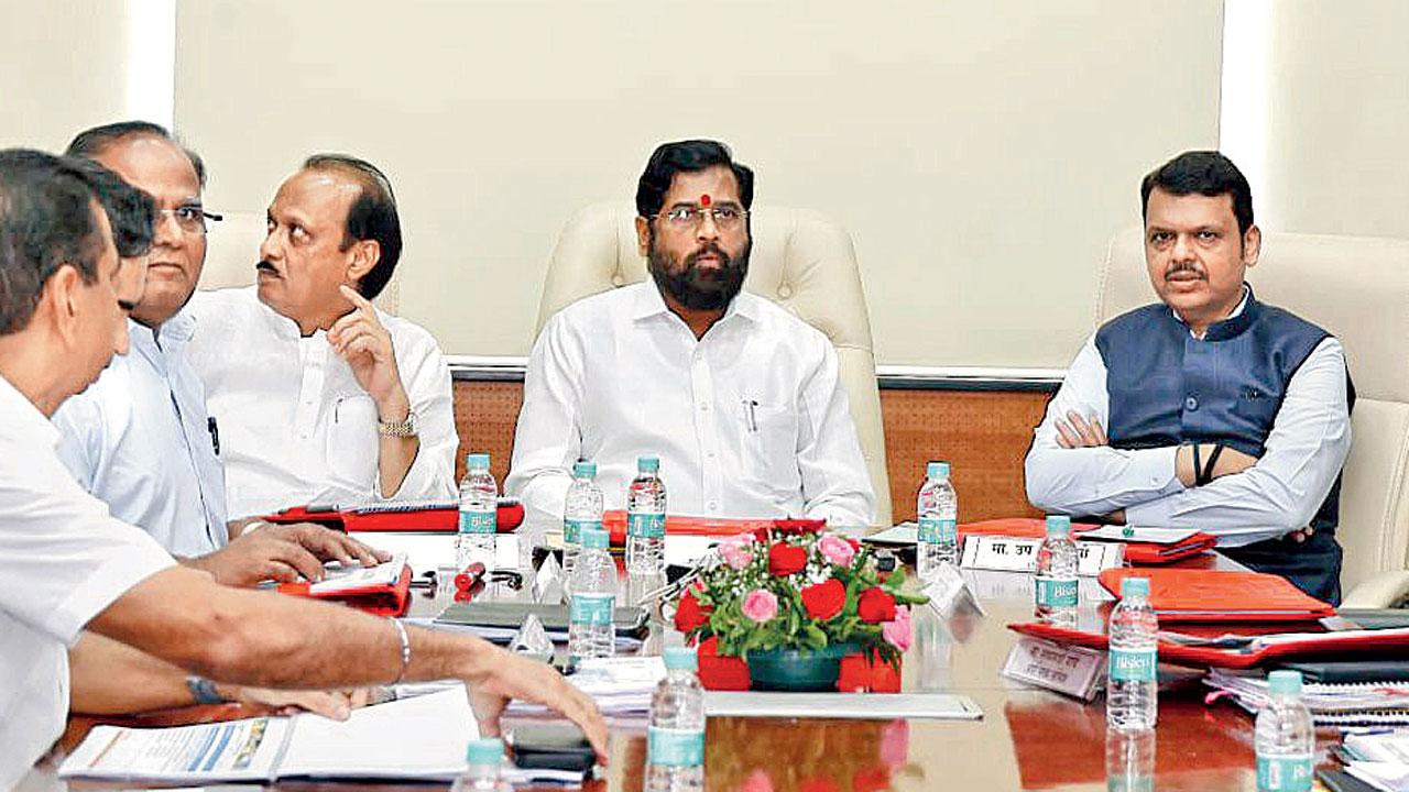 CM Eknath Shinde and deputy chief ministers Devendra Fadnavis and Ajit Pawar at the CMO’s war room conclave on Tuesday