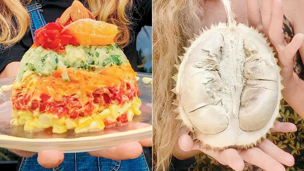 In an online post Samsonova announced online sessions on raw vegan diet for her followers; (right) durian, her staple diet 