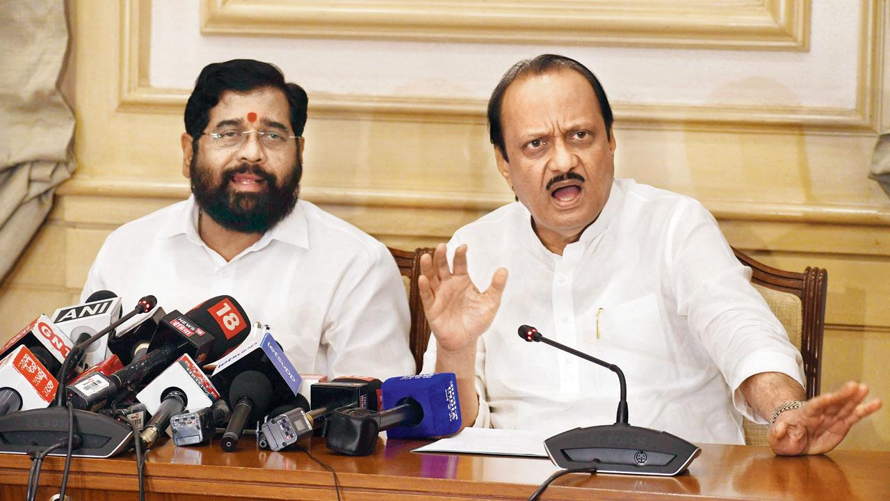 CM Eknath Shinde and Dy CM Ajit Pawar address a press conference at Sahyadri guest house on the onion issue on Tuesday. Pic/Ashish Raje