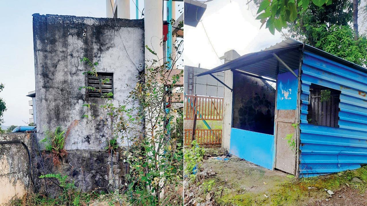 Pump room below the overhead water tank constructed by the developer; (right) main security cabin at Karrm Residency