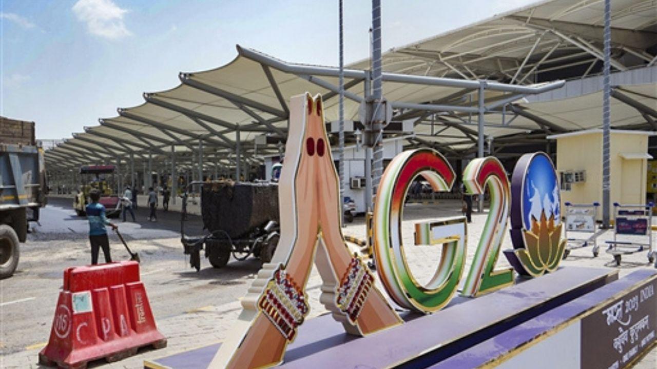 A huge G20 logo has been installed near the Indira Gandhi international airport on Wednesday by the government ahead of the meeting of world leaders. Pic/PTI