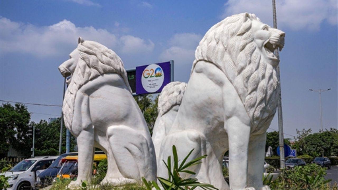 The sculpture of a roaring lion has been carved out of white stone. Three such sculptures are placed which look in different directions. Pic/PTI