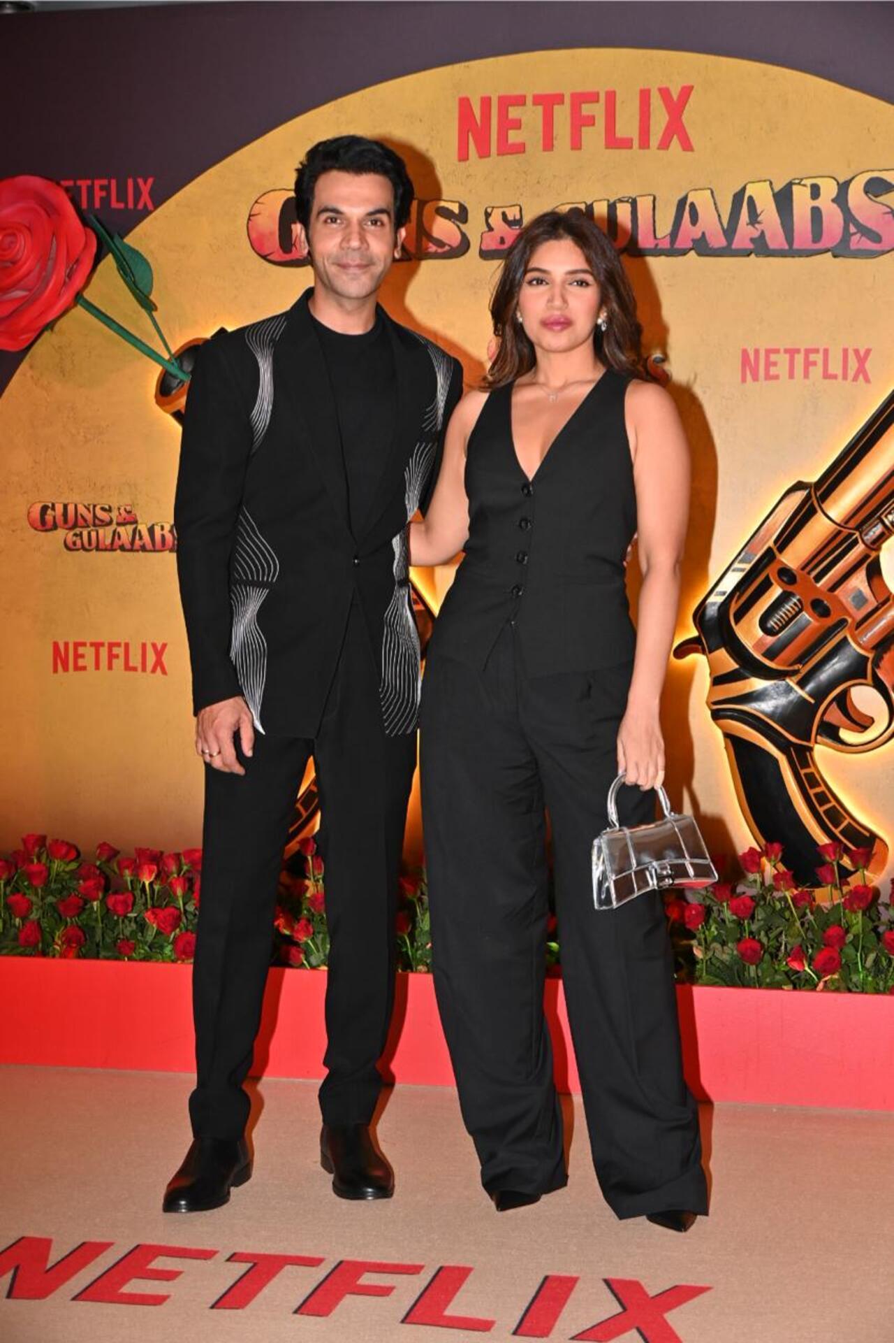 Bhumi Pednekar arrived for the screening in a black jumpsuit. She posed with her 'Badhaai Do' co-star on the red carpet