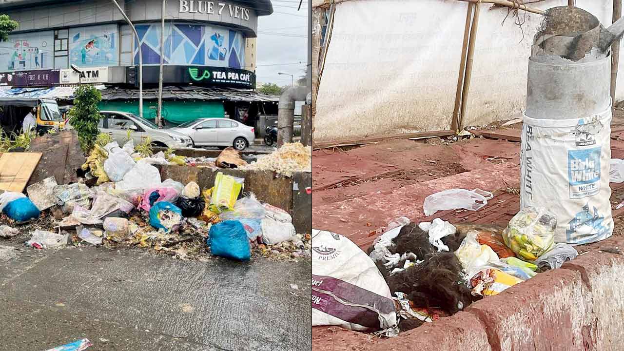 Garbage dumped on the median last week, Though it was cleared, some waste was dumped again as seen on Tuesday. Pics/Dipti Singh