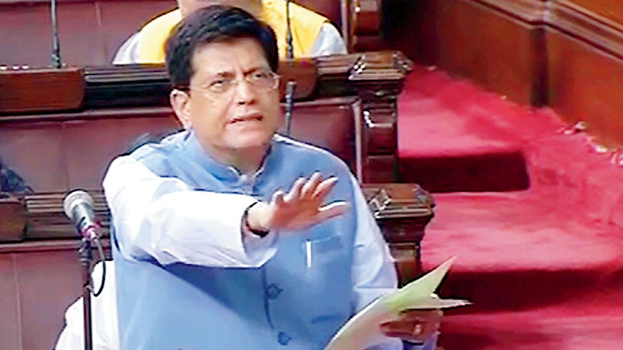 Union minister Piyush Goyal in the Rajya Sabha, on Tuesday. Pic/PTI
