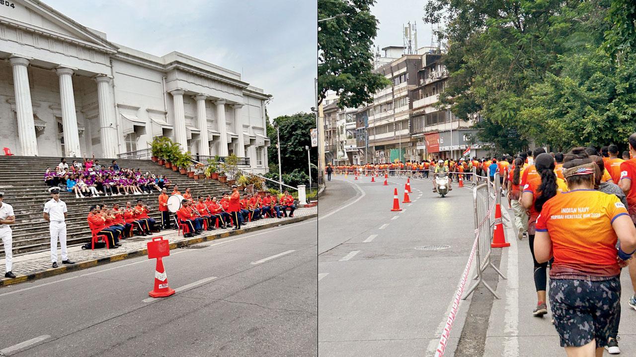 (Above)The orchestra waits for runners at the Asiatic Society of Mumbai; (right) runners on the streets of Fort 