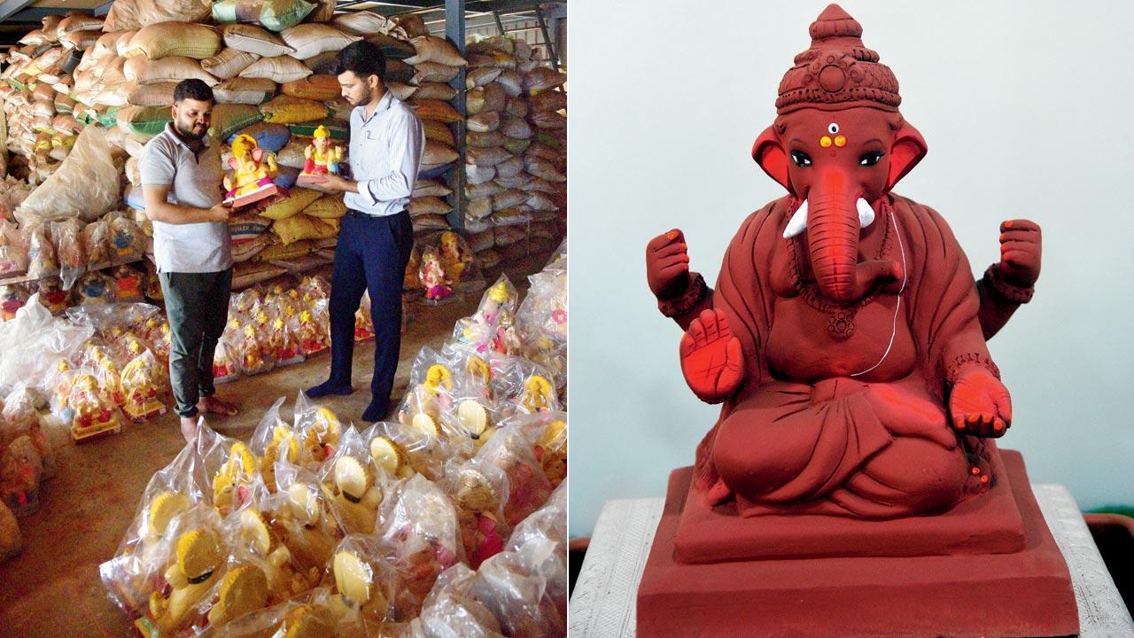 Childhood friends Kedar Sunil Kumbhar and Dr Akshay Vitthal Kauthale, who grew up in an environment where conservation of nature took centre-stage, launched Vruksha Gajanan in 2019. Their idols are distributed across several Indian metros, as well as Dubai, Australia, Germany and the US; (right) The mud idols are painted using natural dyes, yellow turmeric and kumkum, multani mitti, geru (red soil), which are mixed with tree gum. It is varnished with liquid obtained after soaking okra pods in water