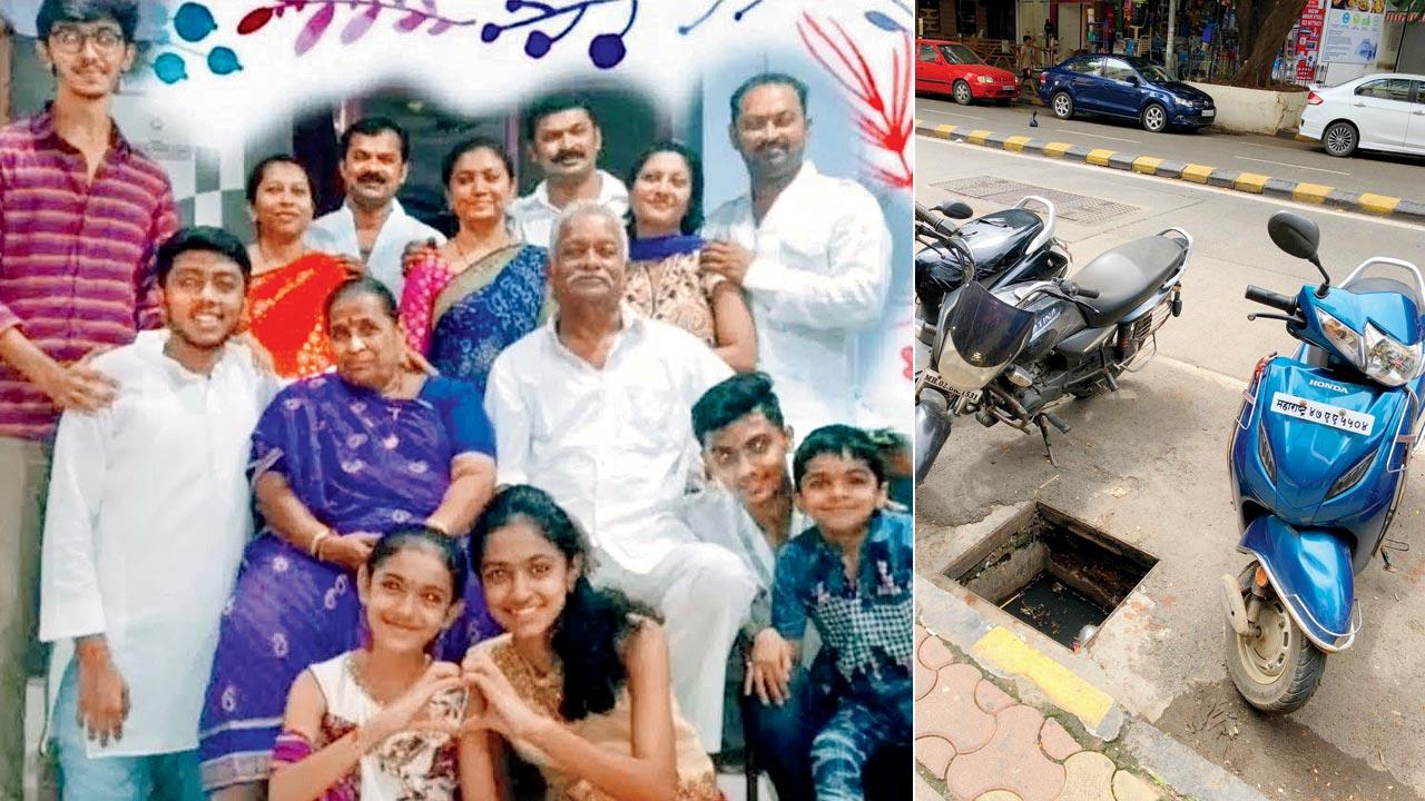 Virar resident Kamlaben Shah, 68, with her family. The senior citizen fell into a manhole on the morning of October 7, 2022 and died; (right) An open manhole at Lokhandwala in Andheri. File pic
