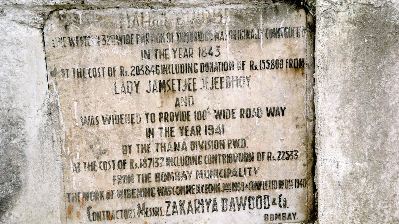 A plaque that records Lady Jamsetjee Jeejeebhoy’s generous contribution