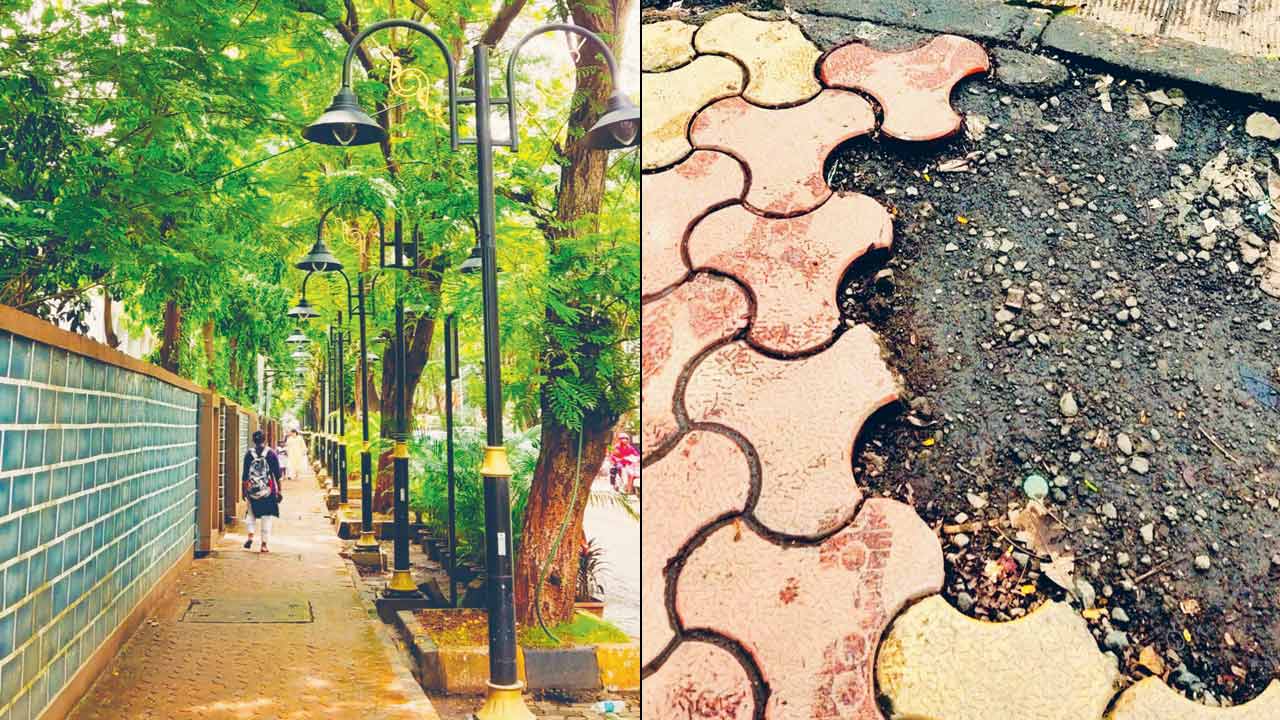 The pavement on Lala Devidayal Road; (right) a part of this pavement where paver blocks have gone missing