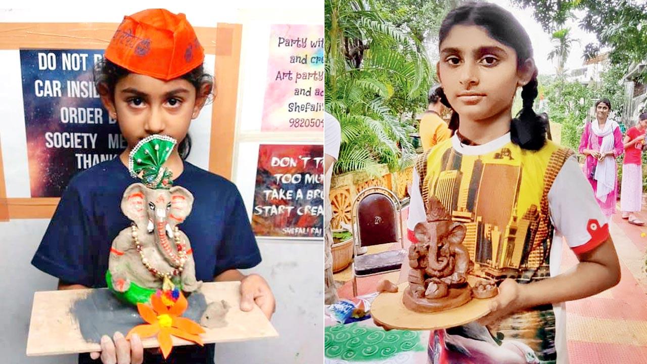 A boy holds a shadu clay idol at a workshop by Mumbai Painting Studios; (right) a girl poses with her idol made of red soil at a workshop by Mularambh 