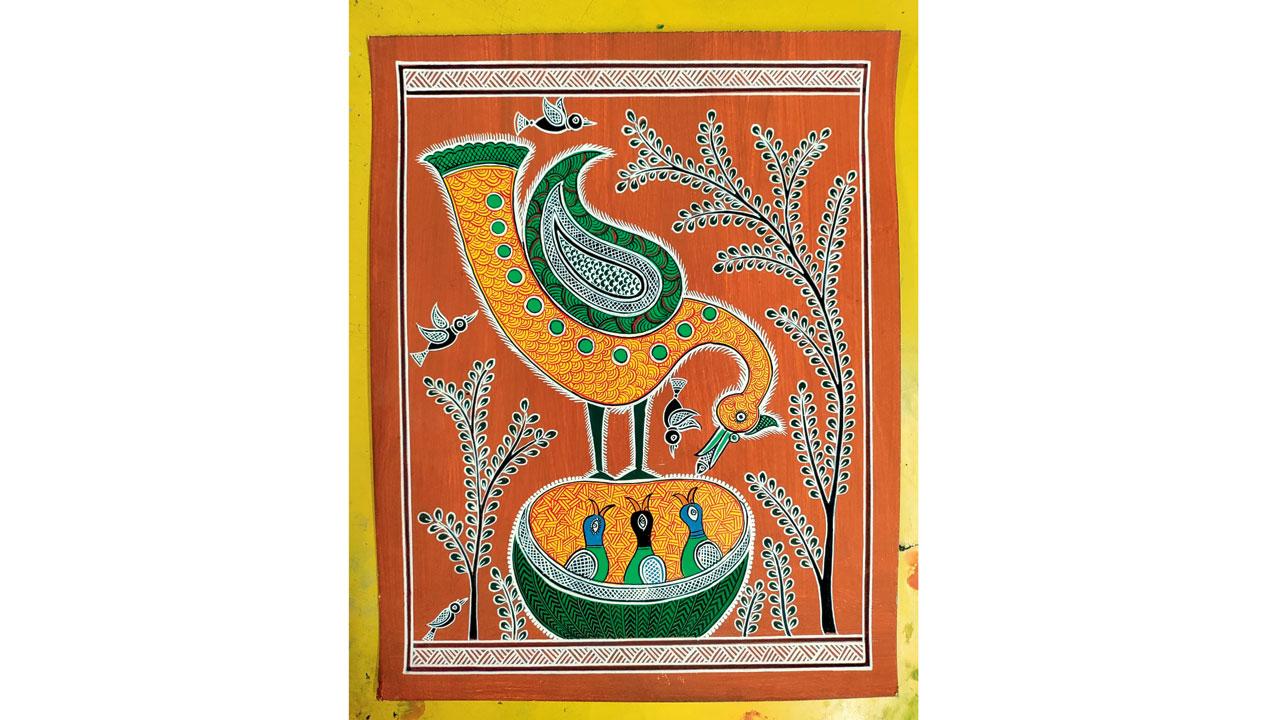 This painting, titled Mamata, depicts the love and responsibility of a mother towards her children
