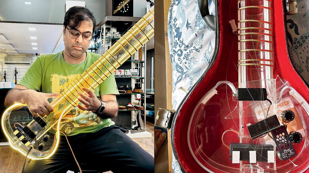 (Left) Chatterjee plays the instrument in his studio (right) The damaged see-tar within its case