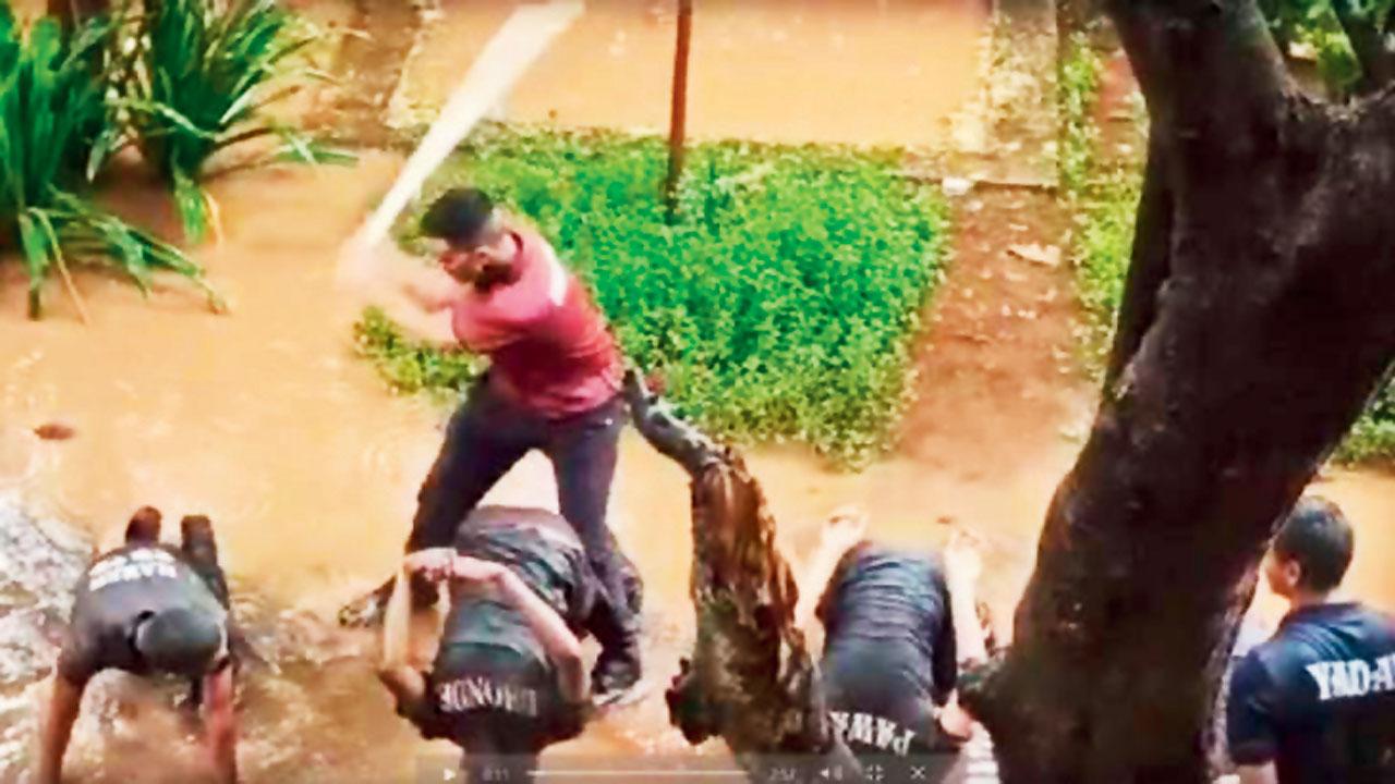 Screenshots of the viral video showing a senior cadet whacking 10 junior NCC students on their back, while three other seniors look on