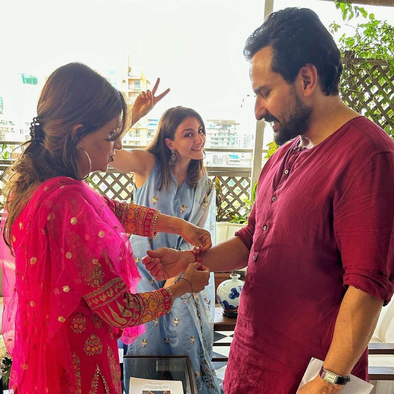 Saif Ali Khan who is the eldest son of Tiger Pataudi and Sharmila Tagore has two sisters- Soha Ali Khan and Saba Pataudi. Soha shared pictures of her and Saba tying rakhi to Saif 