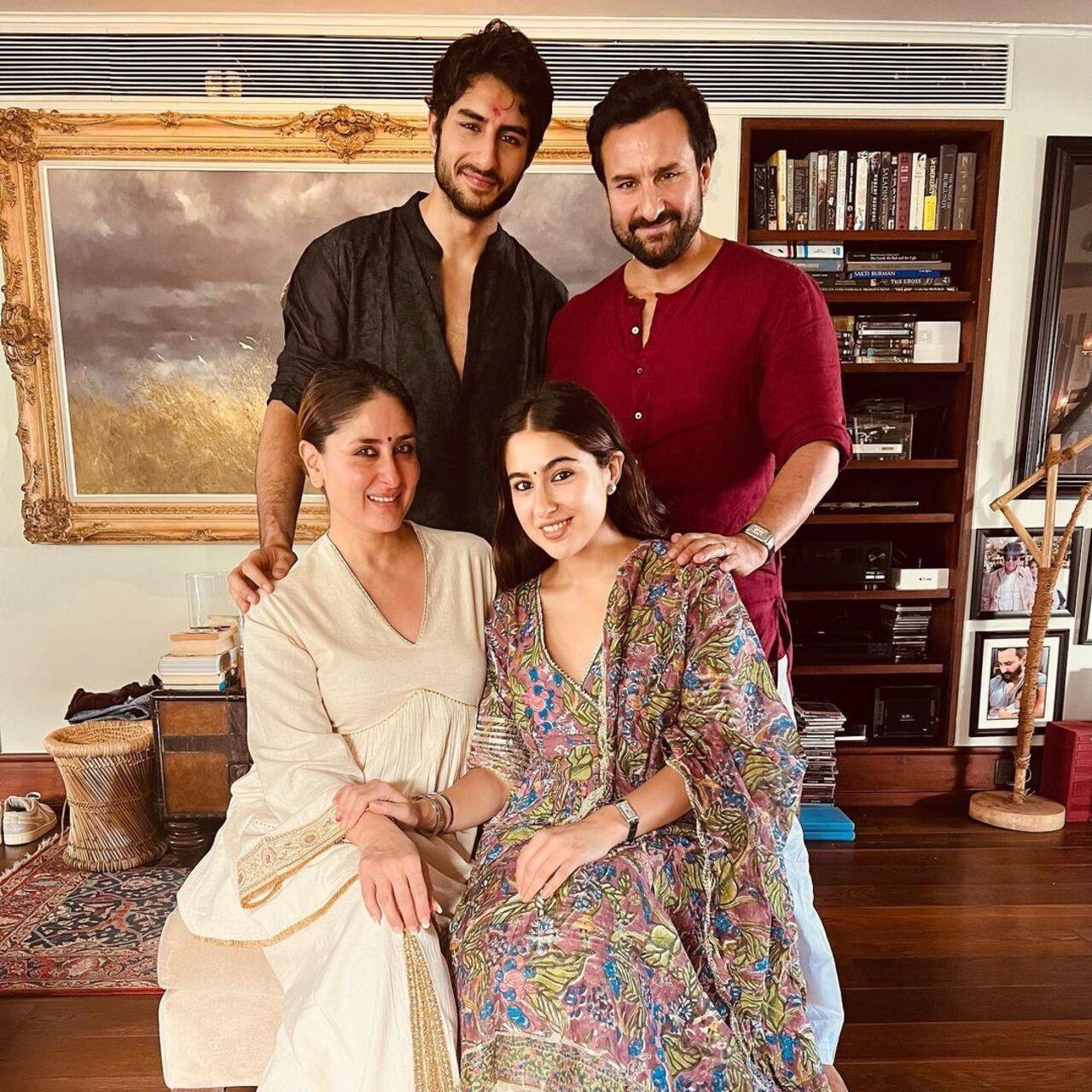 Sara Ali Khan and Ibrahim Ali Khan are Saif Ali Khan's kids from his first marriage to Amrita Singh. Here they are seen posing with Kareena Kapoor Khan, who is Saif's second wife