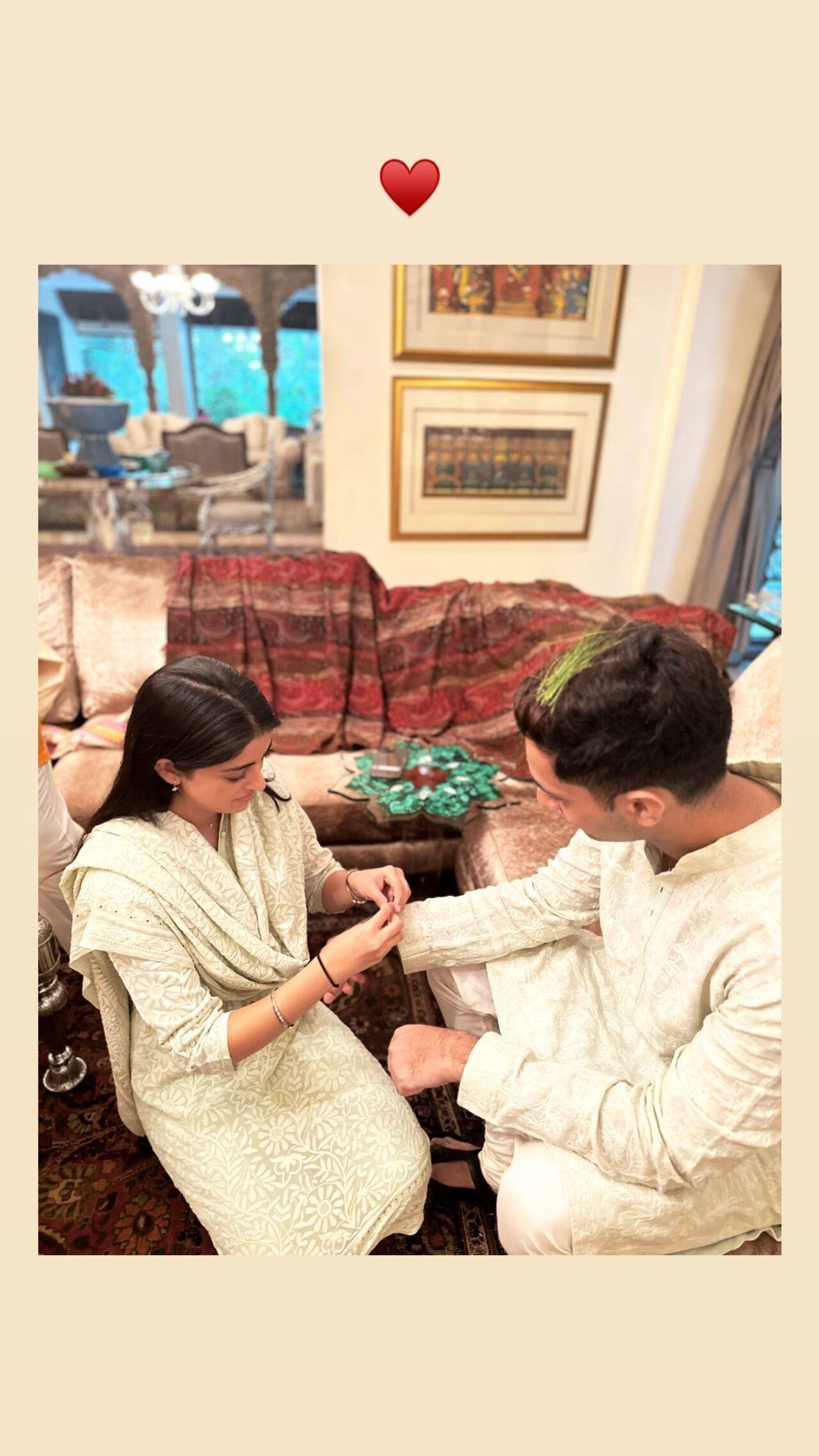 Navya shared a picture of her tying rakhi to her younger brother, Agastya. They are children of Amitabh Bachchan's daughter Shweta Bachchan and her husband Nikhil Nanda