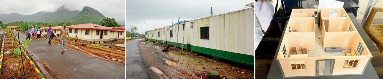 The Duruk hill overlooks a row of new structures built by MHADA; The model of a home for rehabilitated residents; Taliye residents now live in makeshift containers metres away from the newly constructed houses which are yet to receive finishing touches and be fitted with amenities