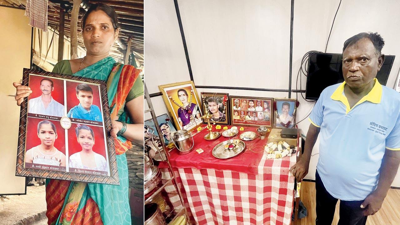 (Left) Hausabai Khondalkar who was buried under the debris for 17 hours and lost her entire family including three children; (right) Tukaram Kashiram, 68, a retired Gujarat police, uncle of Sunil Shiravale standing beside the photographs of the 12 members of their family killed in the landslide on July 22 2021