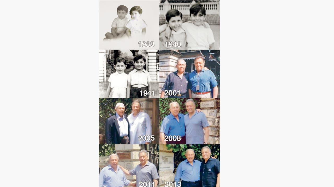 Yusuf Hamied and Zubin Mehta, from age 2 to 77, at the gate of 21-A Cuffe Parade