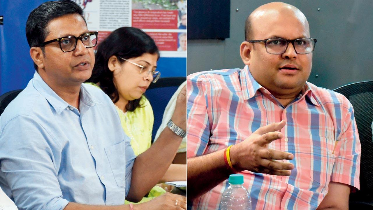 Dr Avkash Jadhav makes a  point, also seen is mid-day’s Prajakta Kasale; (right) Dhaval Shah feels there is no attention being paid to the city and the suburbs. Pic/Rane Ashish
